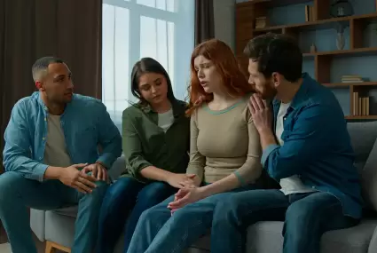 Sad desperate girl talk share problem with friends in group psychological therapy at home diverse